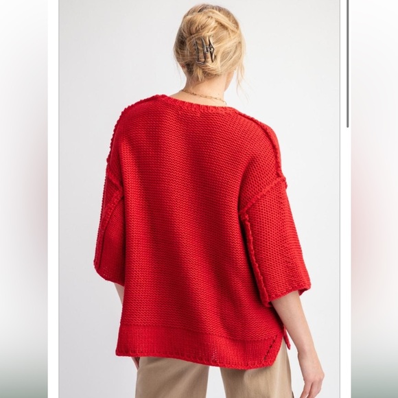 Easel Vibrant Scarlet Red Oversized Exposed Seam Round Neck Sweater - Picture 3 of 13